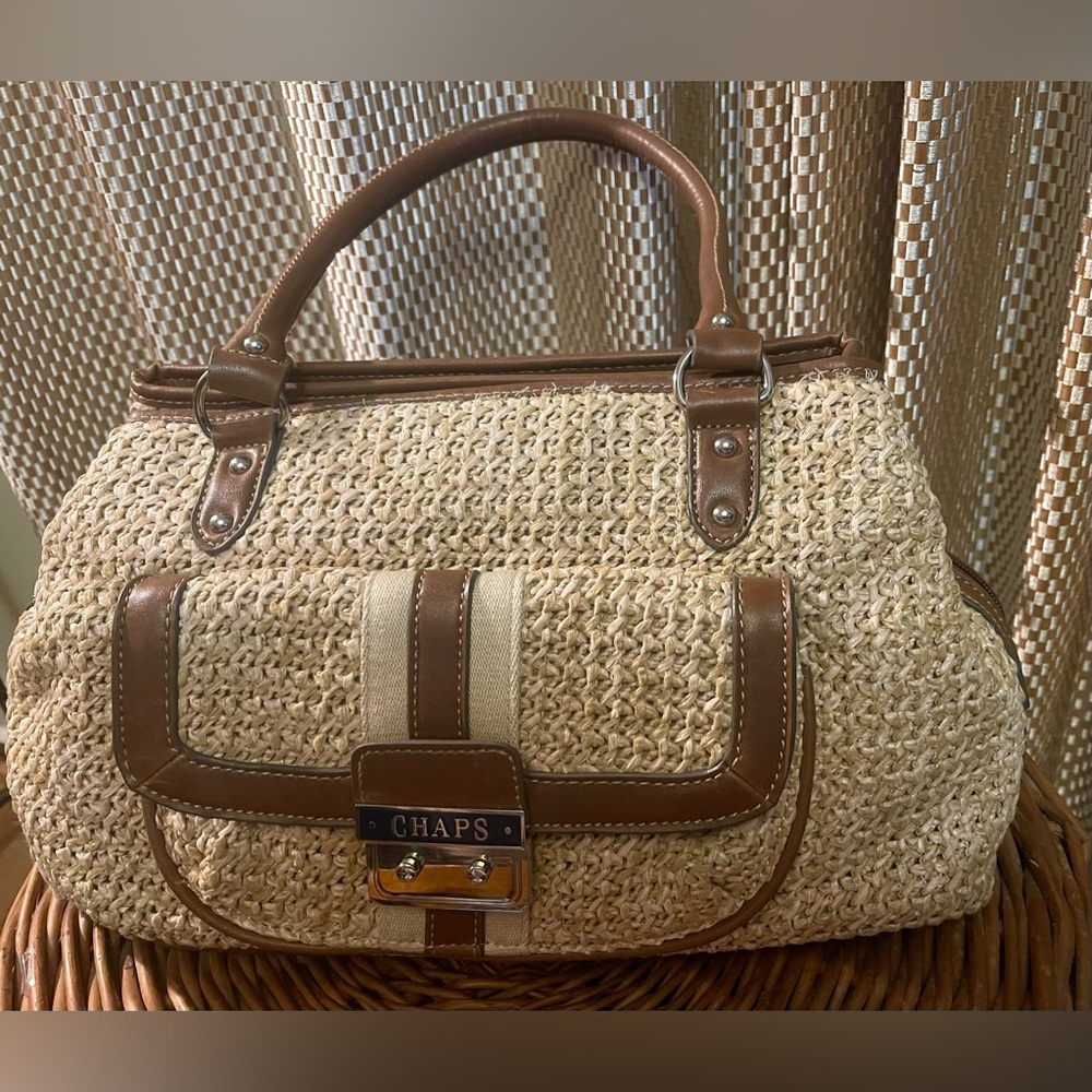 Chaps Vintage Tan and Brown Woven Straw Satchel